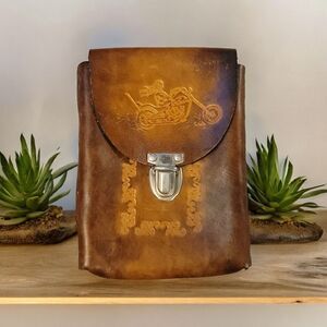 Vintage Tooled Leather Biker Cigarette Tobacco Pouch with Belt Slots
